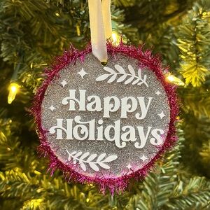 Glittery Holiday Ornament with Pink Trim